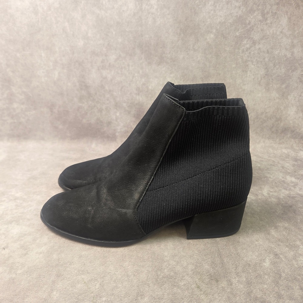 Eileen Fisher Blk Leather Ribbed Knit Block Heel Ankle Boots Womens 9 Vero Cuoio